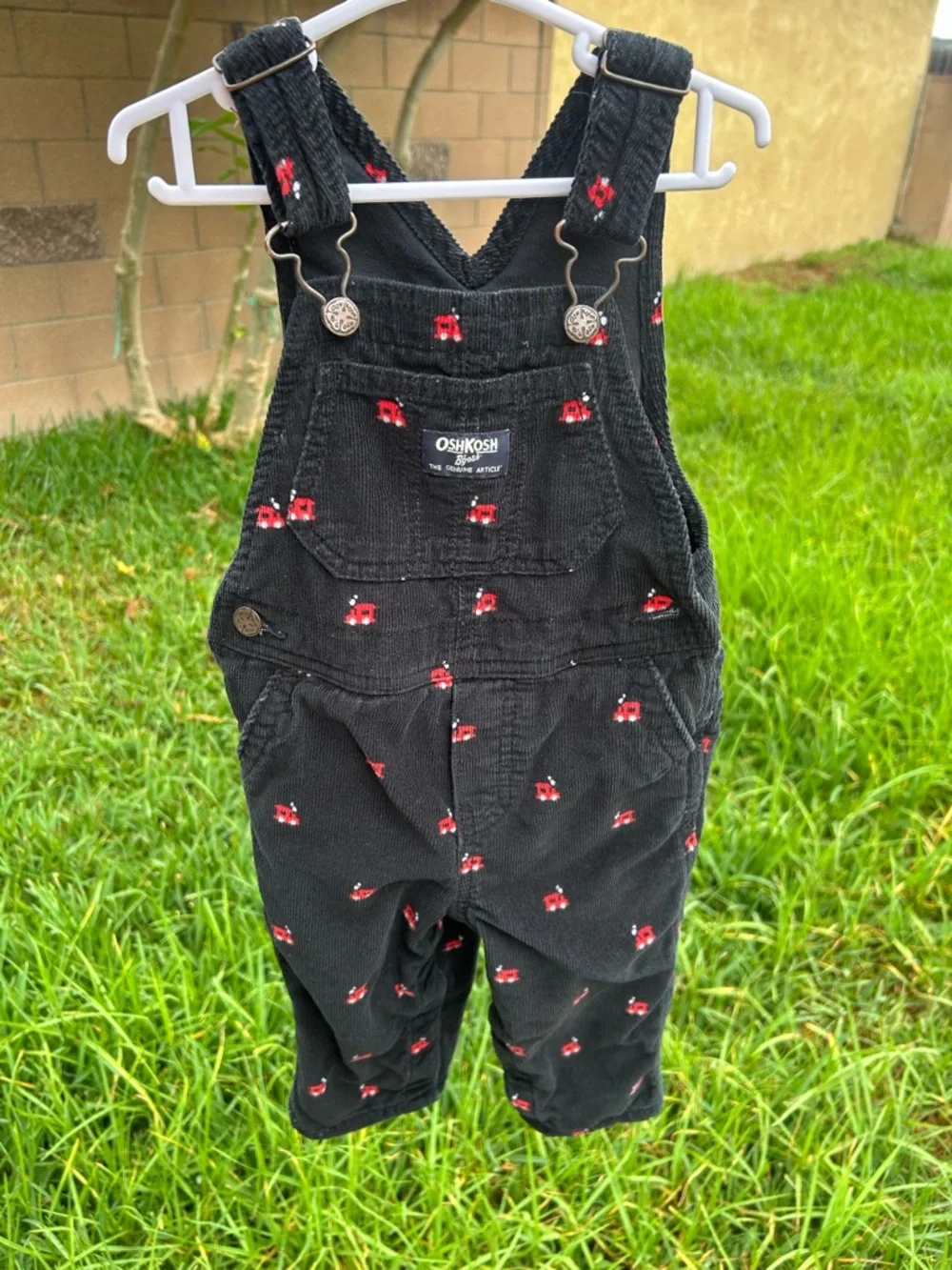 OshKosh B'gosh Black Corduroy Overalls with Red train print